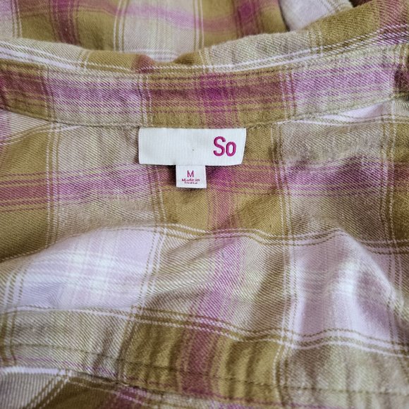 Flannel Shirt-SO Brand Tan and Pink Plaid Button Up Shirt Size M - Picture 5 of 7